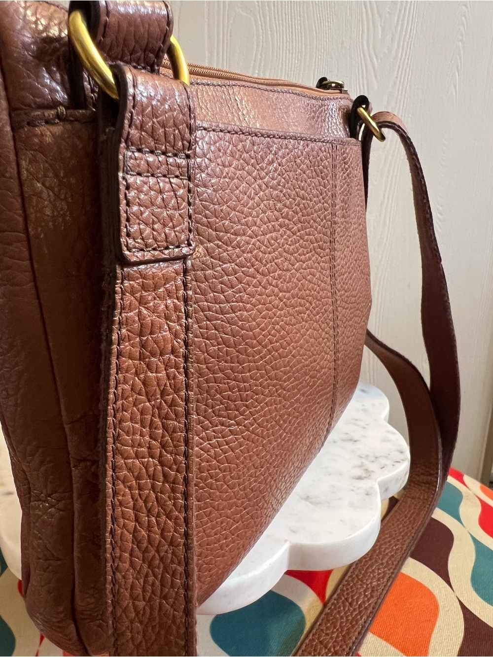 Fossil Brown Pebbled Leather Zip-Top Crossbody with Gold Hardware - Picture 5 of 9
